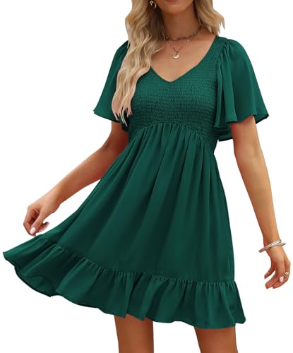 Image of LILLUSORY Women's Flowy Casual Mini Dresses 2026 Summer Graduation Smocked V Neck Vacation Dress Dress with Pockets