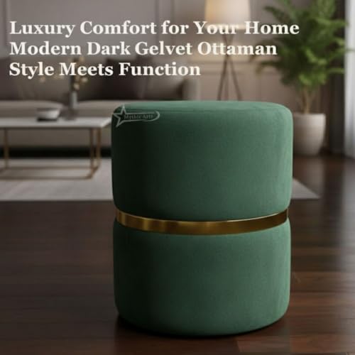 Image of Round Single Strip Upholstered Stool Living Room Foot Rest Linen Fabric Padded Seat Pouf Ottoman Office Stool Dark Green