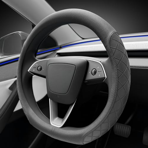 LKWLIKEI Leather Steering Wheel Cover. Elegant Diamond Checkered Design, Non-Slip and Breathable, for Tesla Model 3/Y Steering Wheel Protector,Black by LKWLIKEI - Used condition - Image 6