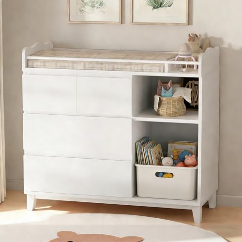 Einhomn Baby Changing Table Top, Multi-Functional Nursery Changing Table, 4 Drawers with 2 Open Shelves, Bedroom, White