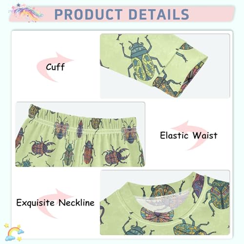 Pajama Sets Long Sleeve Colorful Beetle Green Background Soft Comfy Sleepwear 2 Piece PJS 3-8T4