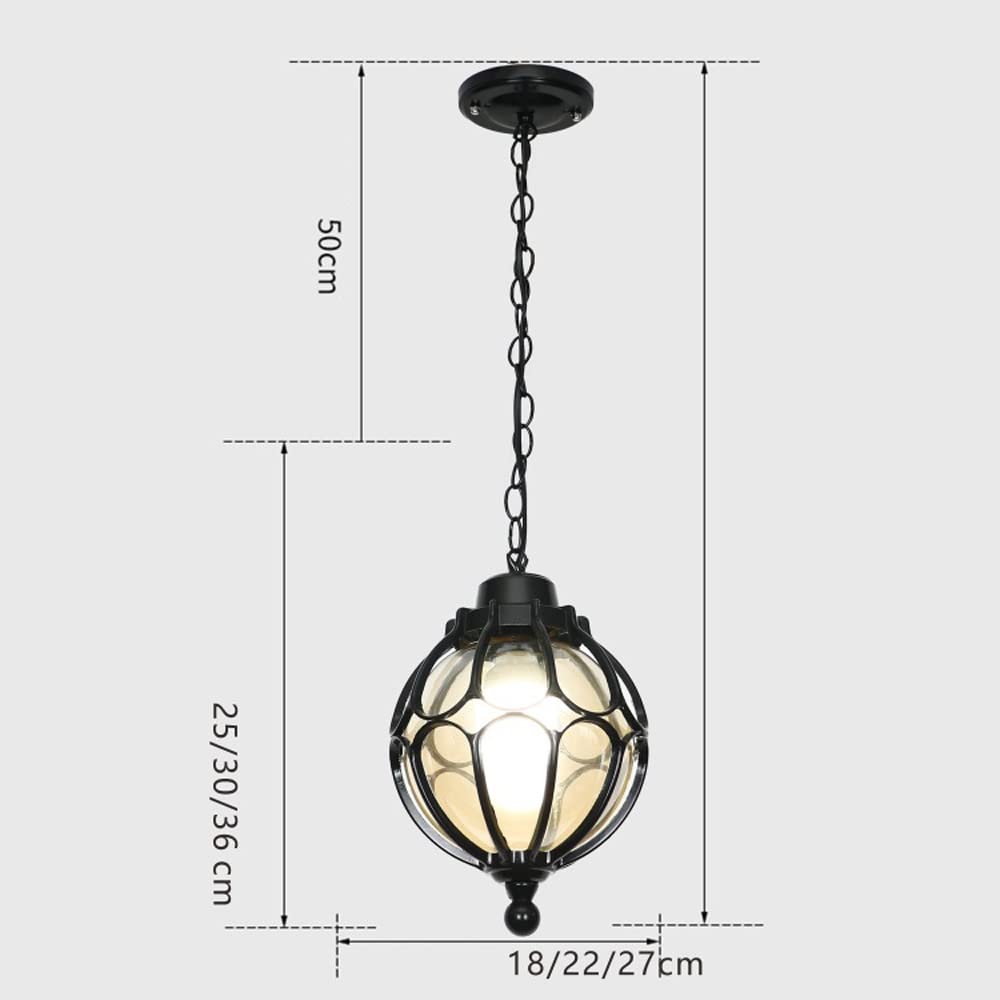 lampy wiszące, Czarny metal z aluminiową klatką w kształcie kuli przezroczystego szkła, zewnętrzna latarnia do altany, wejścia, patio