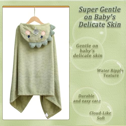 Image of Unisex Toddler Bath Towel with Hood, 27.5 inchX55 inch, Green, Anime Dinosaur Pattern, Coral Fleece, Machine Wash, 1 Count