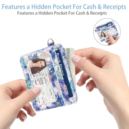 Image of Slim Minimalist Pocket Credit Card Holder Wallet Women | RFID Blocking Lightweight Thin Small Cute Card Cases, Blue Flowers