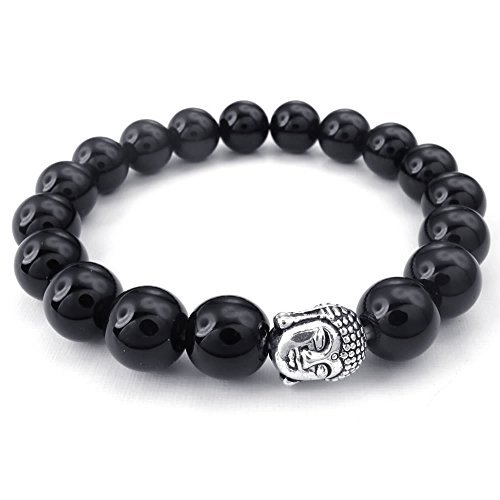 KONOV Black Agate Mens Womens Bracelet, 10mm Energy Bead, Buddha Mala, Black Silver