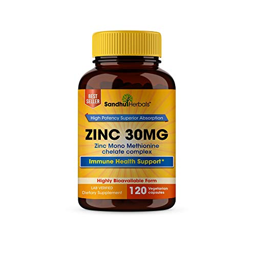 Sandhu Herbals Zinc Supplements Zinc 30mg, Immune Support Zinc Mono methionine Supplements 120 Capsules