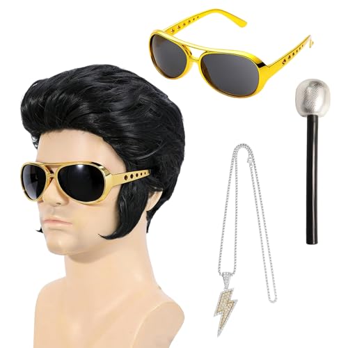SrgPui 4-Piece Set Elvis Costume for Adults Elvis Wig with Glasses Microphone and Necklace 50s 60s Rock n Roll Disco Party Outfit Halloween Costume for Men