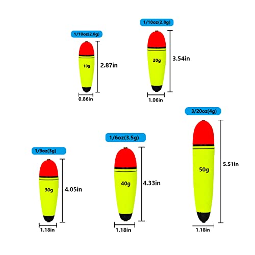 UperUper Fishing Floats Slip Bobbers, EVA Slider Bobbers for Sea Fishing, Fishing Floats Bobbers Set for Freshwater Saltwater, 5PCS Floatage 0.7oz 1.76oz 2.82oz