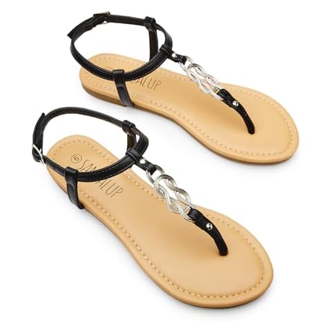 SANDALUP Flat Sandals for Women Thong Style Inlaid with Ring Metal Buckle and Adjustable Ankle Strap Black-Silver 7 Cover
