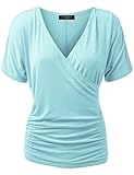 Made By Johnny MBJ WT1118 Womens V Neck Short Sleeve Wrap Front Drape Dolman Top M Aqua