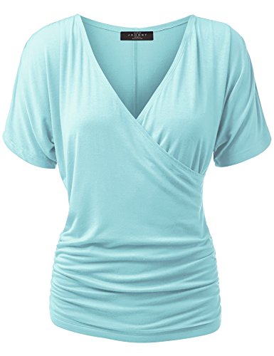 Made By Johnny MBJ WT1118 Womens V Neck Short Sleeve Wrap Front Drape Dolman Top S Aqua