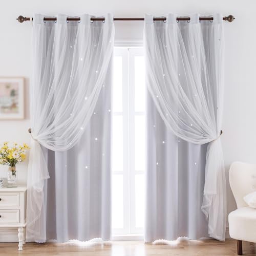 Image of indistar Star Cutout Kids Window Blackout Curtains for Girl Bedroom Window Room Darkening Curtains & Drapes Baby Nursery Curtains (2 Panel,52Wx80L inch,Greyish White)