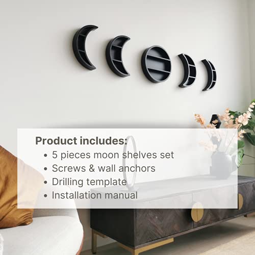 Eoki 5 Pieces 12.2" Moon Phase Shelf Set - Phases Of The Moon Wall Decor - Crescent Moon Shelf For Crystals - Moon Phase Wall Decor Crystal Shelf Display - Above Bed Wall Decor Bedroom Storage (Black) #TOP4