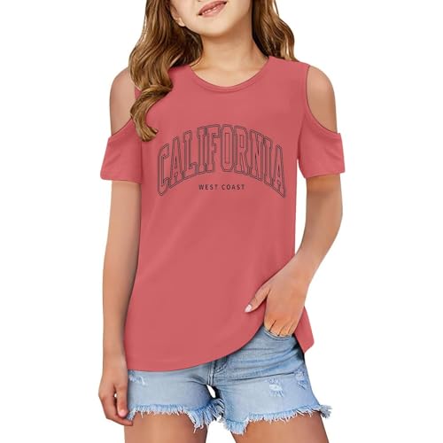 California Cold Shoulder Tops for Girls Letter Print Graphic Tees Summer Short Sleeve T Shirts Casual Loose Tunic Tops 3-12T