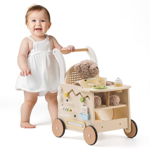 ROBOTIME Baby Walker, Wooden Pram Toy, Push Along Walker Pushchair, Educational Toy Gift for Boys Girls, Safe First Step Walker with Under-Seat Storage for Age 10 Months+ - Image 4