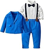 Boys' Formal Suits Clothing Set, Shirt with Bow Tie + Blazer Jacket + Suspenders Pants Outfits Dresswear for Boys， 2# Royal Blue， 2-3 Years = 2T