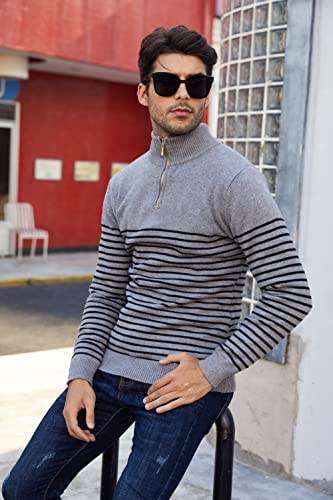 Coofandy Black And Grey Striped Long Sleeve Sweater Mens Zip Up Mock Neck Sweater (Grey, M) #TOP3