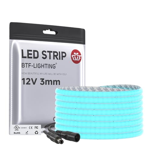 Image of BTF-LIGHTING Ice Blue 3mm Width Ultra Thin FCOB COB LED Strip,UL Listed Super Narrow Uniform Light,16.4FT DC12V CRI90+ LED Tape Light for Home Indoor DIY Lighting(No Adapter or Controller)
