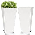 Flomiara Set of 2 Tall Square Planter, 24 Inch Large Outdoor Planters for Plants, Tapered Plastic Plant Pots with Drainage Holes& Trays, Modern Gardening Flower Pot for Patio Front Porch Decor, White