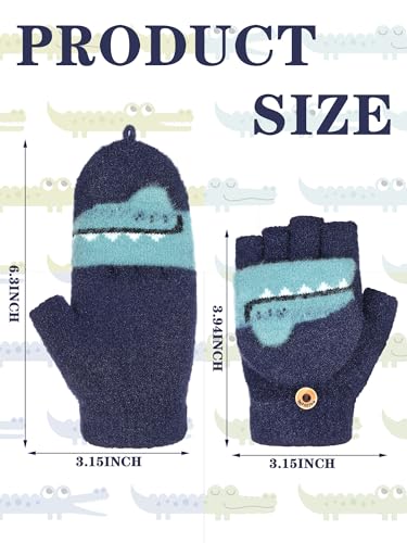 SATINIOR 2 Pairs Winter Kids Fingerless Gloves Toddler Finger Mittens Knit Convertible Half Finger Mitten Flap Aged 3-10(Navy Blue, Dark Grey,Crocodile)2