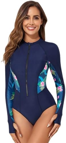 IKADEX Women Long Sleeve Zip Up Rash Guard One-Piece Swimsuit