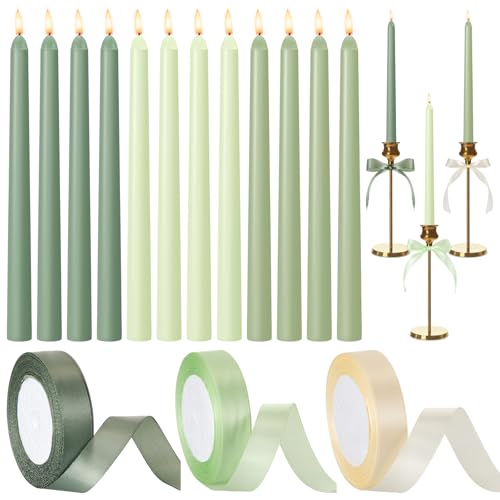 Windkream 12 Pcs Sage Green Series Taper Candles with 3 Rolls of Ribbon 10 Inch Candle Candlestick Decor for Baby Shower Home Wedding Summer Outdoor Dinner Holiday Party Decor