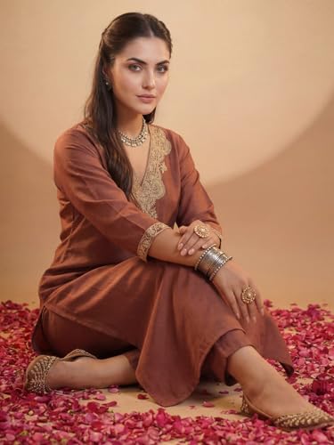 Image of INDO ERA Women's Silk Blend Embroidered Zari Work Straight Kurta & Pant Set | Cord Set For Women