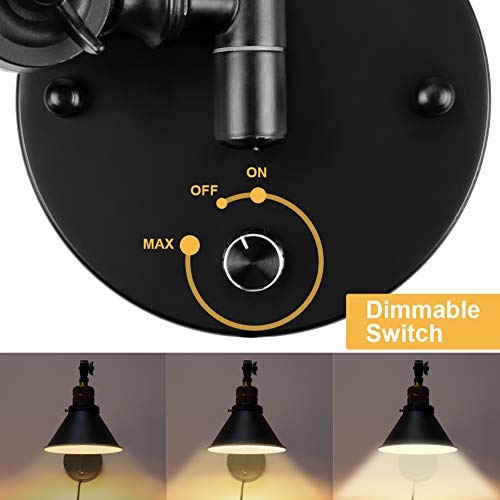 Plug In Wall Sconces Set Of 2, Partphoner Swing Arm Wall Lamp With Dimmable On Off Switch, Metal Black Vintage Industrial Wall Mounted Lighting Reading Light Fixture For Bedside Bedroom Indoor Doorway #TOP2