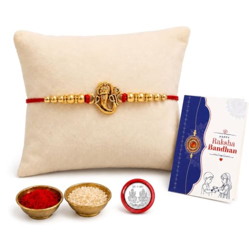 Image of Oblivion Rakhi For Brother - Elegant Stylish God Designer Rakhi with Beads and Silver Colour Pooja Coin, Tilak Set & Greeting Card - Traditional Raksha Bandhan Combo for Bhai