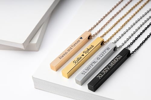 Personalized Necklace With Secret Morse Code - 4 Sides Engraved 3D Verticat Bar Pendant with Custom Text, Jewellery Gift for Boyfriend or Girlfriend (KP.2) (Gold, Chain length: 24")3