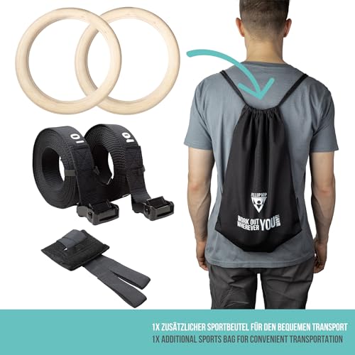 PULLUP & DIP Premium Turnringe Holz, Gym Rings Gymnastikringe, Turnerringe für Calisthenics, Breite Befestigungsgurte mit Markierungen + Türanker + Transportbeutel + eBook (runde Ringe Set)