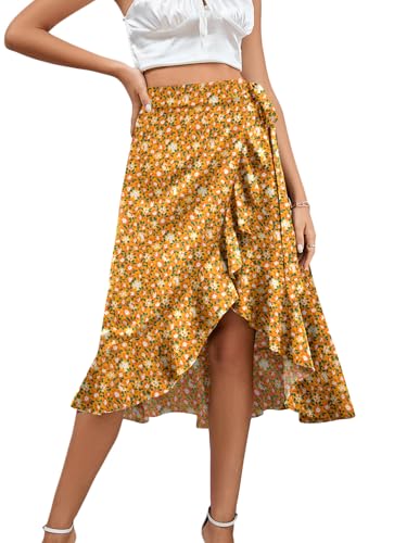 Image of LYANER Women's Boho Floral Print Wrap Front Self Tie Knot Ruffle Hem Split Midi Skirt