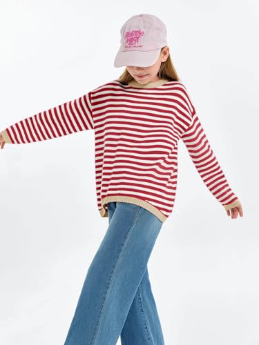 Haloumoning Girls Sweaters Casual Long Sleeve Crewneck Striped Color Block Knit Pullover Tops 5-14Y3