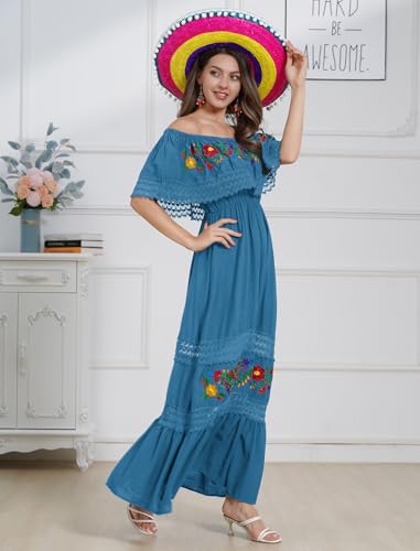 Image of ABEHIK Mexican Dress for Women Traditional Off Shoulder Embroidered Present Casual Lace Long Maxi Dress Cinco de Mayo Outfit
