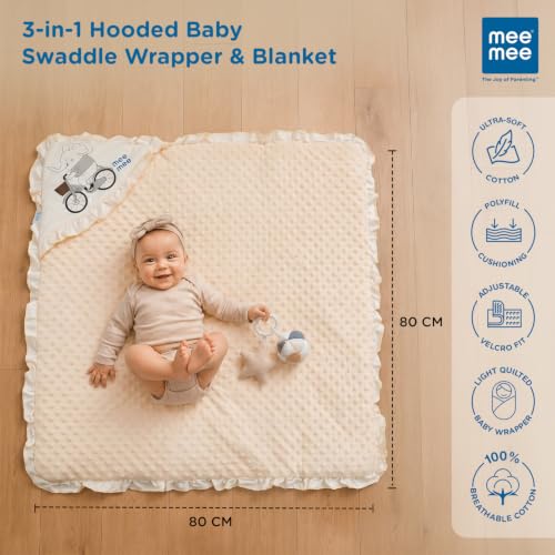 Image of Mee Mee 3-in-1 Baby Wrapper & Carry Nest for Newborns | Soft Breathable Cotton Swaddle with Hood and Cushion | Adjustable Tie-Up Design | Lightweight, Cozy & Easy to Carry (0-6 Months) (Beige)