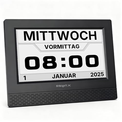 51Bright.X Digitale Uhr für Senioren 7 Zoll,Kalenderuhr mit Deutscher Sprachausgabe,Sprach-Erinnerungen für Medikamente und Alltag (20 Alarme),16 Anzeigethemen,dimmbar,Fernbedienung,Schwarz