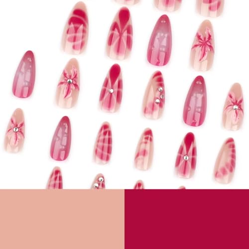 Image of Flower Press on Nails Purple Ombre Fake Nails Medium Almond False Nails with Rhinestone Design 5D Starfish Glue on Nails Glossy Artificial Acrylic Full Cover Spring Stick on Nails for Women Manicure