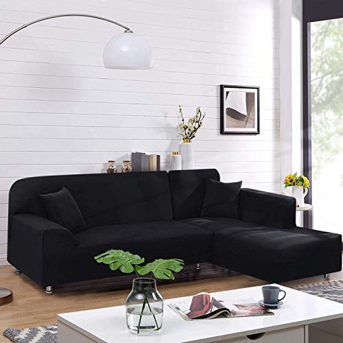 Taococo Sectional Couch Covers 2Pcs L-Shaped Sofa Covers Softness Furniture Slipcovers With 2Pcs Pillowcases L-Type Polyester Fabric Stretch Couch Covers 3 Seater + 3 Seater (Jet Black) #TOP1