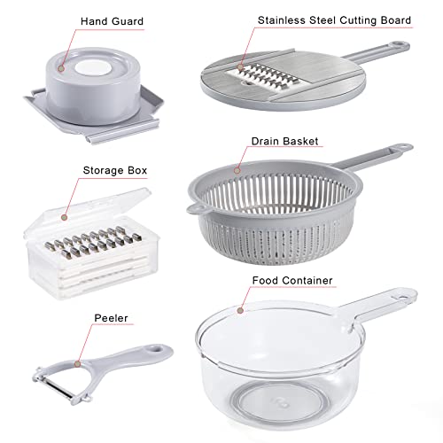 Jeslon Vegetable Mandoline Slicer - New Upgrade Version 10 In 1 Kitchen Vegetable Cutter And Slicer - Stainless Steel Kitchen Multipurpose Julienne Grater With Hand Guard, Drain Basket And Container #TOP5
