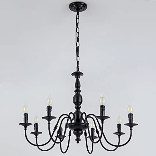 THShun Metal 8-Light Candle-Style French Country Chandelier. Black Farmhouse Chandelier Kitchen Island Pendant Lighting Fixture for Dining Room, Bedroom, Living Room, (Black 30 inch Dia) - Image 5