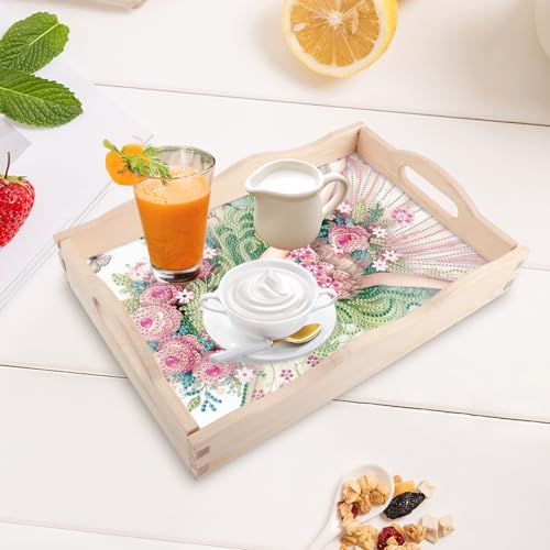 Image of DIY Diamond Painting Wooden Serving Tray with Handle, Princess Girl Design Mosaic Diamond Art Plate Kit, Creative Craft Diamond Art Tray for Coffee Table and Home Organizer