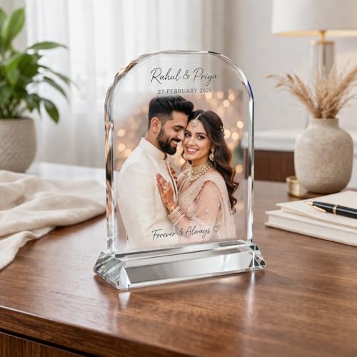 Image of Rangoli Personalized Crystal Photo Frame 22.5 x 14 cm (225 x 140 mm) Custom Picture Frame with Stand for Home Decor Gift Temple Frame. D-8
