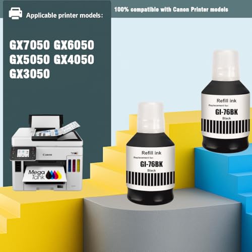 Image of KOSH GI-76 Ink Suitable Bulk Bottle Water Based Refill Ink for Canon MAXIFY GX5070,GX6070,GX7070 Printers 135ml Each Bottle (2, Black Pack of 2)