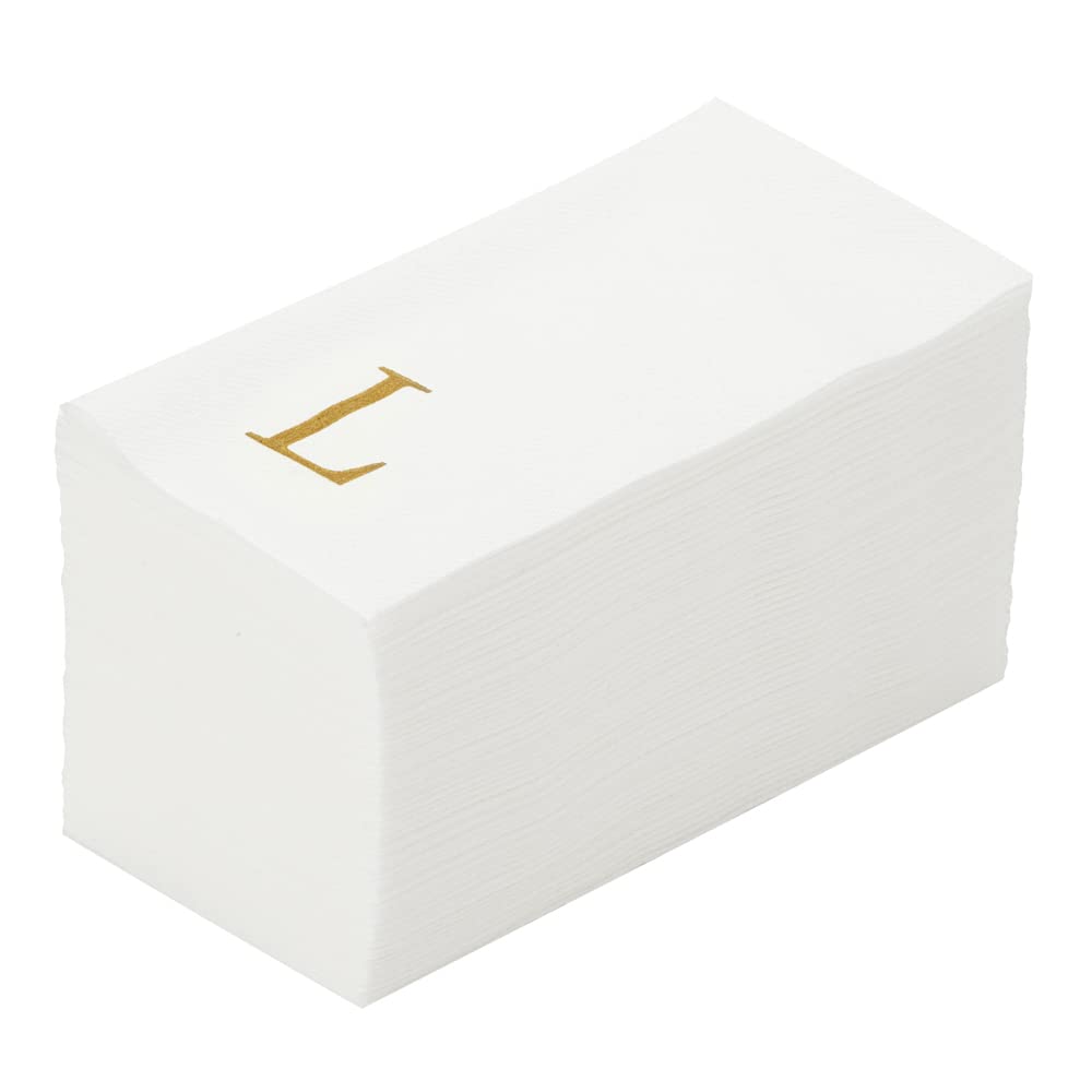 Luxenap - Toallas de invitados de 15.8 x 7.9 pulgadas, 50 toallas de mano con letras doradas, letra "L", letra Sans Serif, servilletas de papel blanco, airlaid, para baños y mesas