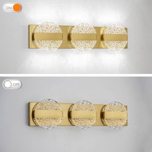 Image of Luxury Brushed Gold Bathroom Vanity Light with High CRI 90+ LED for True Colors, 15W 6000K Cool White Modern Bathroom Lights Fixture Over Mirror for Makeup & Shaving