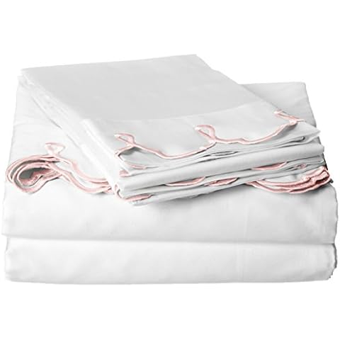 Belle Epoque Traditional Scalloped Embroidered Calking Sheet Set White/Pink, 4 Piece Cover