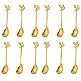 Honseadek Juego de 12 cucharas de té de acero inoxidable, mini cucharas de postre con diseño de hoja de árbol, cucharas pequeñas para servir café, helado, aperitivos, grado alimenticio (dorado)
