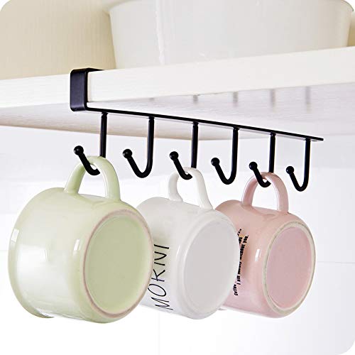 6 Hook Mug Rack Holder, Coffee Cup Black Storage Hooks Drilling, Holder for Wardrobe Kitchen Organizer Under Cabinet Storage Rack for 2.5 Inch Thickness Shelf or Less