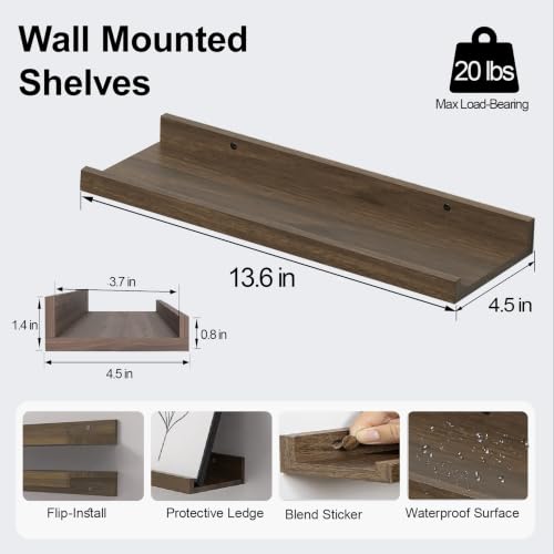 Image of Walnut Floating Shelves for Wall Decor, 14 in Shelf with Lip, 2 Set