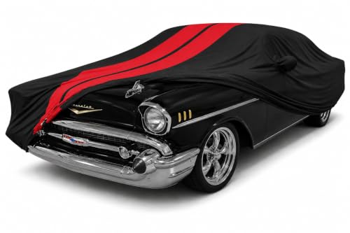 Image of SR1 Performance USA Indoor Car Cover for 1950-1957 Chevy Bel Air - Ultraguard Stretch Satin, Custom Fit Indoor Protection, Soft Breathable Dust Cover, Premium Show Car (Black with Red Stripes)